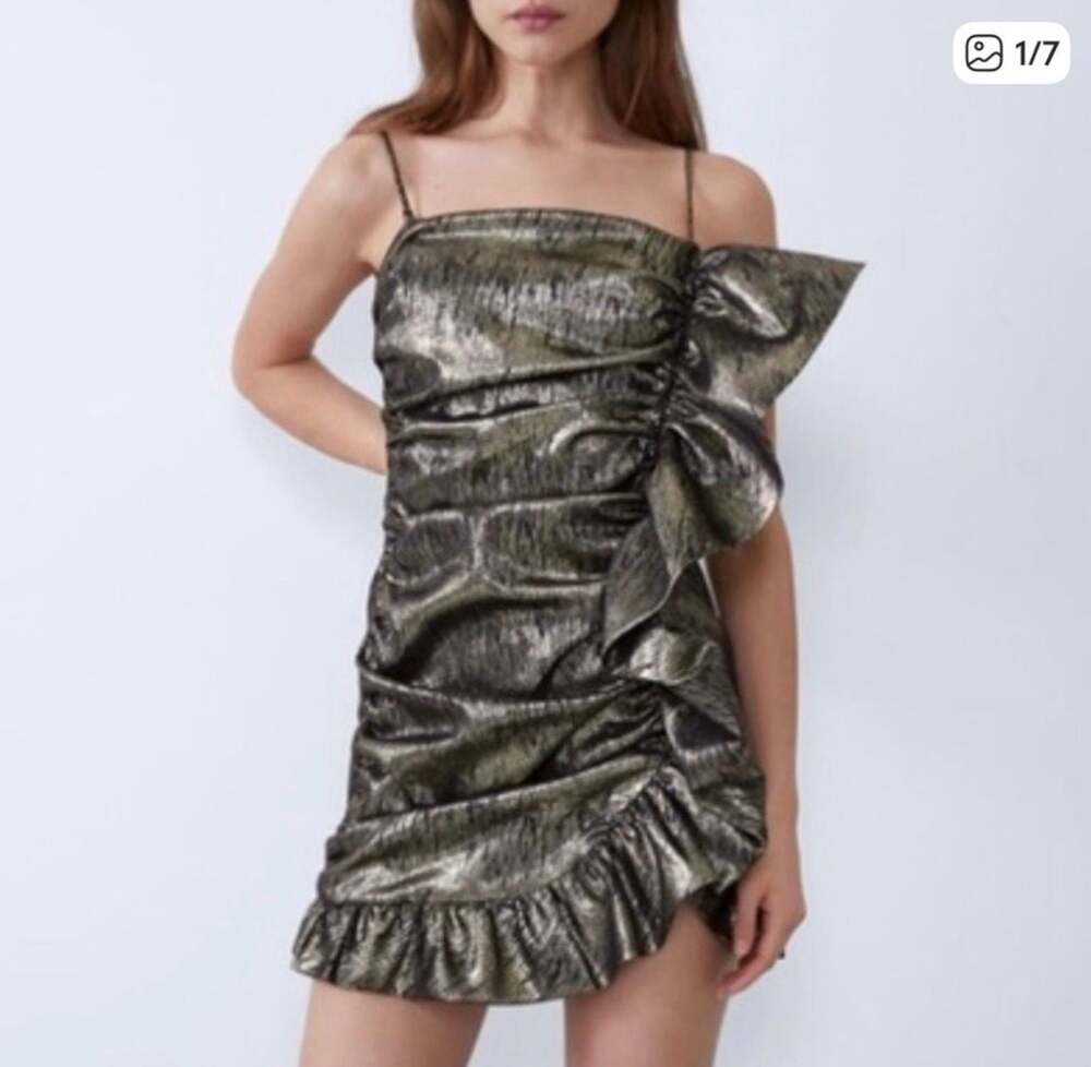 Zara Metallic Ruched Mini Dress w/ Bow Detail | Y2K Glam Party Night Out Dress